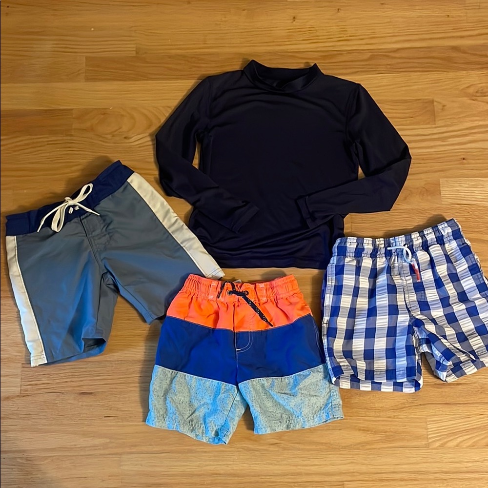 4 pc Kids SUN & SWIM summer bundle, vibrant color swim, board shorts & rashguard